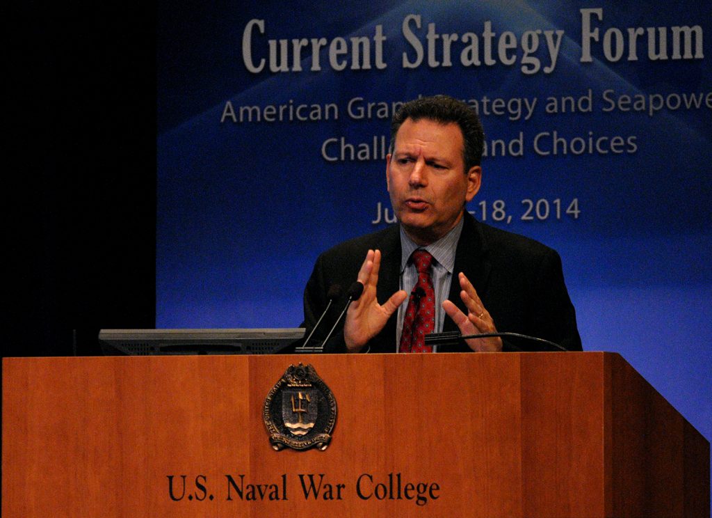 140617-N-ZZ999-089 NEWPORT, R.I. (June 17, 2014) Robert Kaplan, author and chief geopolitical analyst for Stratfor, provides remarks to U.S. Naval War College (NWC) students and distinguished guests as a keynote speaker during the 65th annual Current Strategy Forum (CSF) at NWC in Newport, Rhode Island. As NWC’s capstone academic event, the two-day forum brings together distinguished guests and students to explore issues of strategic national importance. This year's theme, 